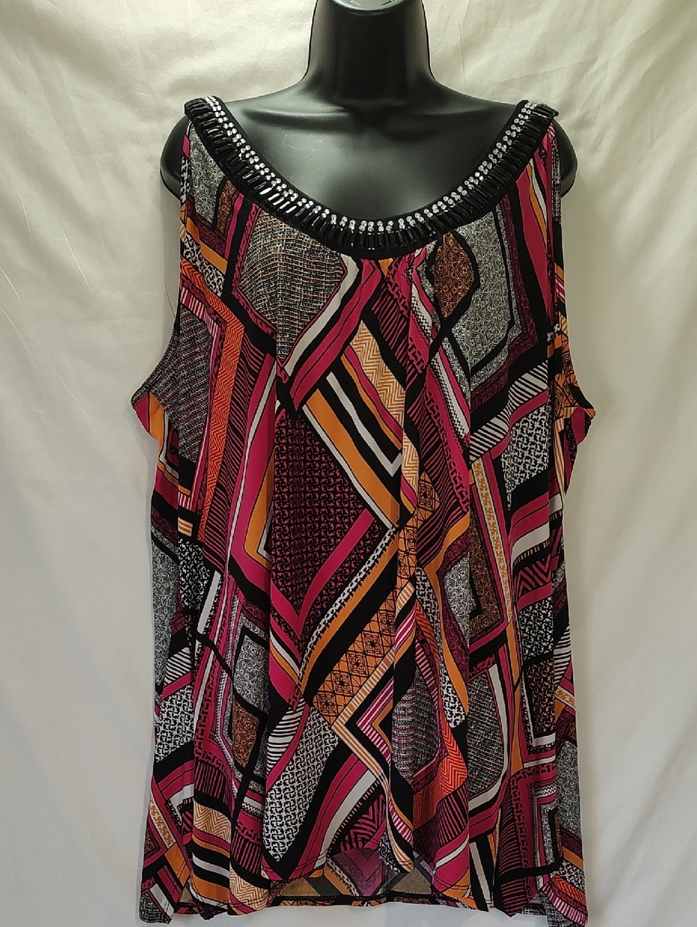 Avenue Beaded-Neck Geometric Print Sleeveless Top - Pink/Black/Orange